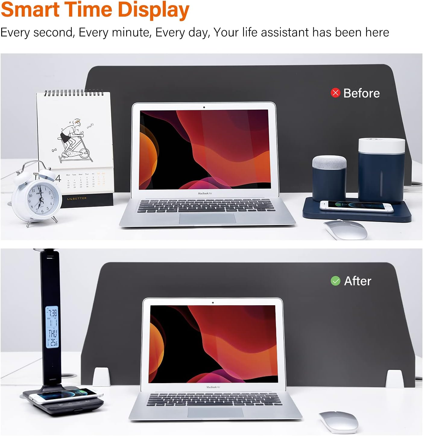 Das Bild zeigt einen Vorher-Nachher-Vergleich eines Schreibtisch-Setups. Vorher gibt es einen Laptop, Kalender und Zubehör; danach eine Lampe.