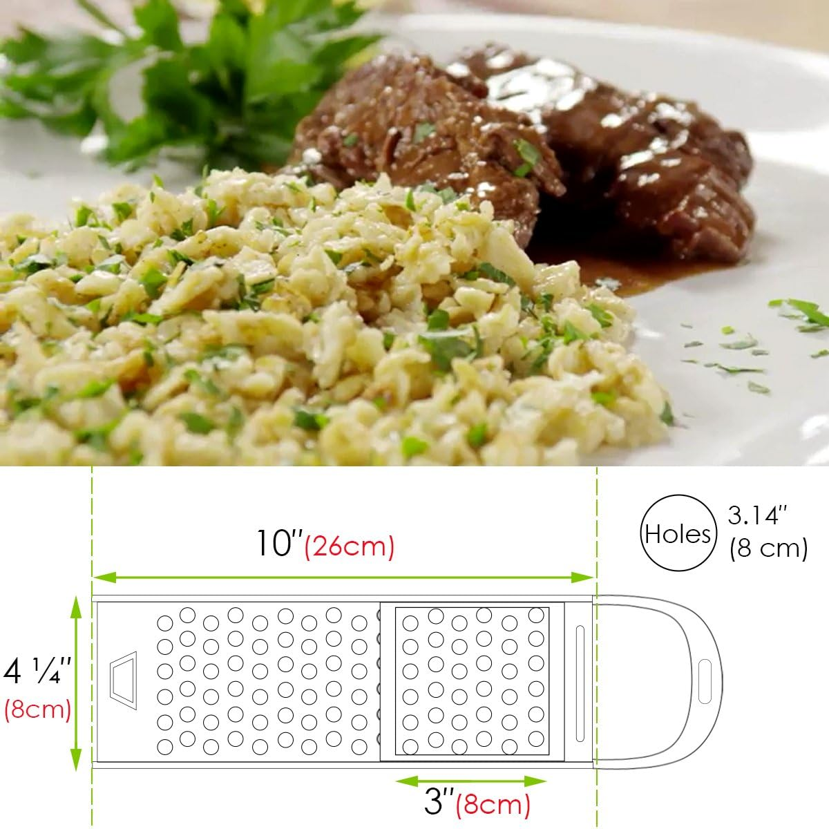 Teller mit Fleisch und Blumenkohlreis. Ein Reibediagramm zeigt die Maße: 10", 4 1/4", 3" und 3,14".