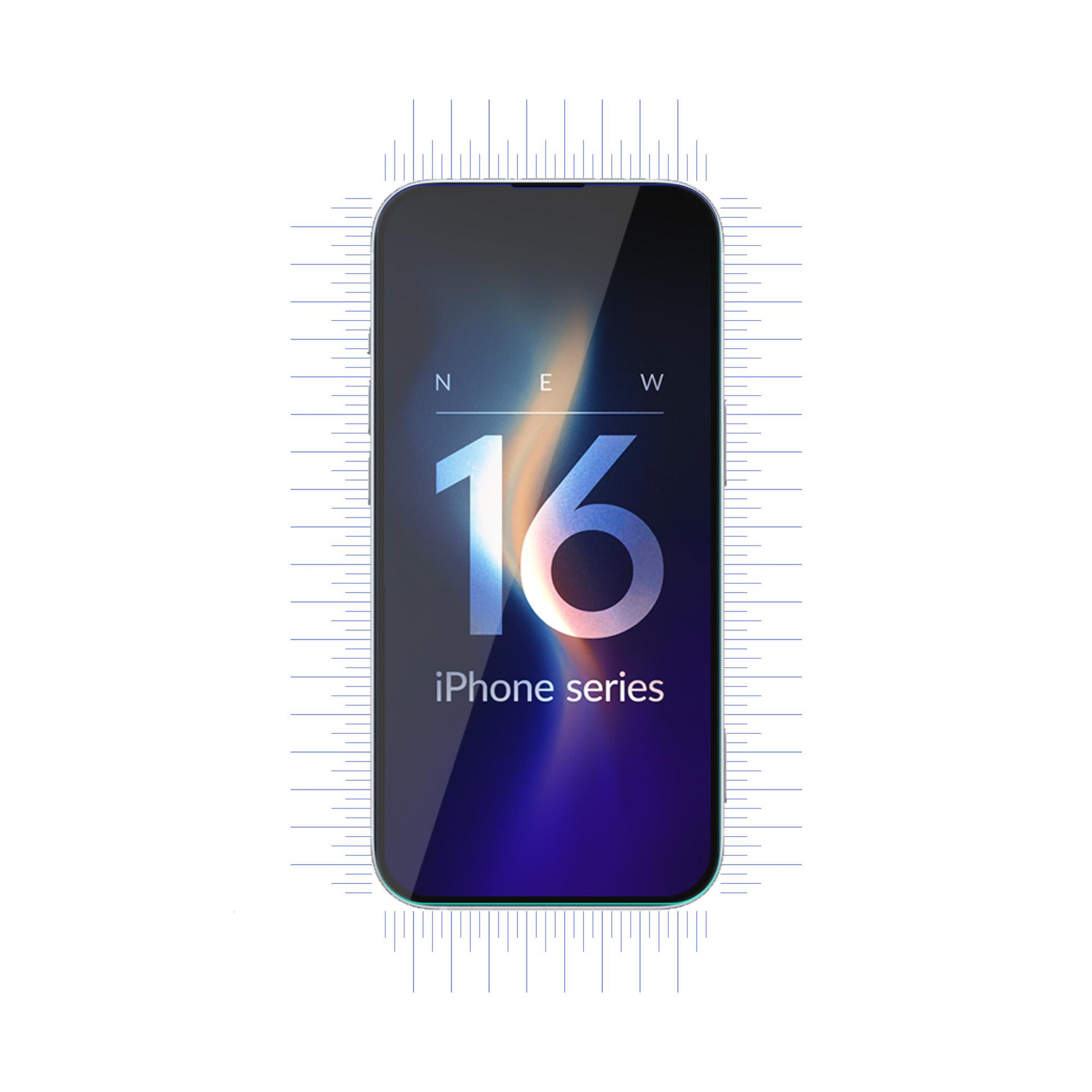 Un design per smartphone con il numero 16. Ha uno schermo scuro, accenti blu e dice 'serie iPhone'.