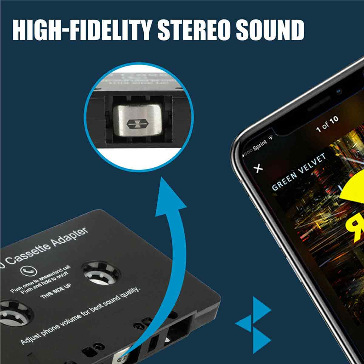 Das Bild zeigt einen Kassettenadapter und ein Telefon, das Musik abspielt. Ein Diagramm hebt die Details des Adapters hervor. Der Text lautet 'High-Fidelity Stereo Sound'.