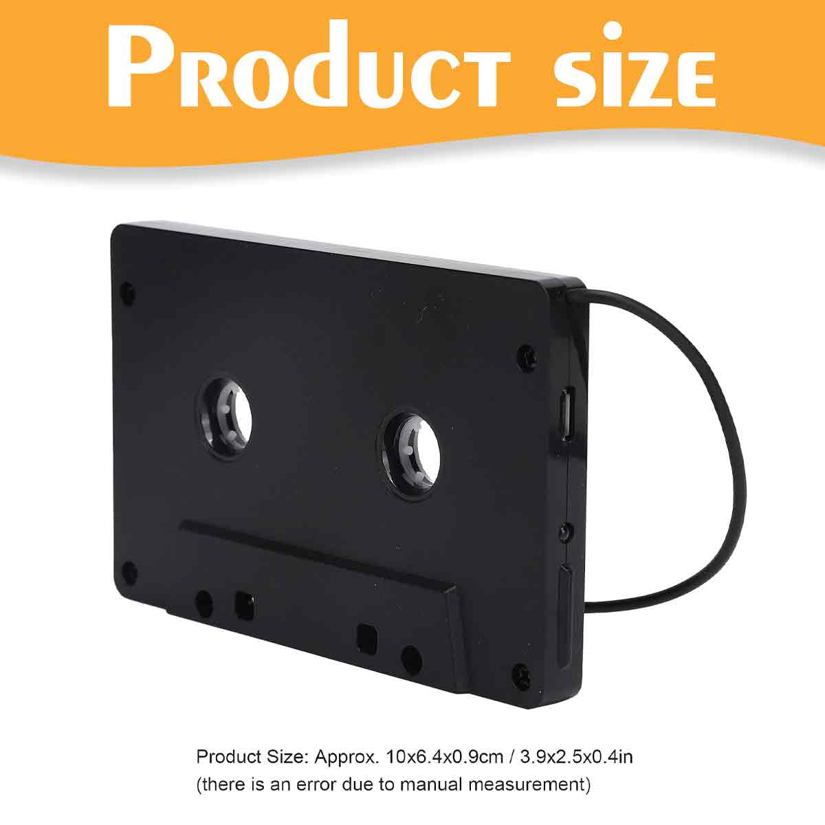 Eine schwarze Kassette mit zwei kreisförmigen Löchern. Der Text "PRODUCT SIZE" steht darüber. Größenangaben stehen darunter.