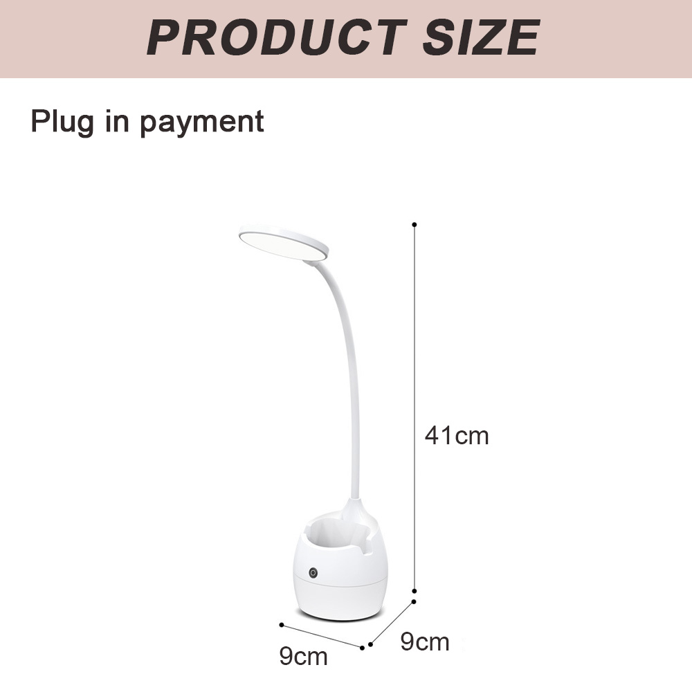 Eine weiße Schreibtischlampe mit gebogenem Hals wird gezeigt. Abmessungen sind 9x9x41cm. Oben steht 'PRODUCT SIZE'.