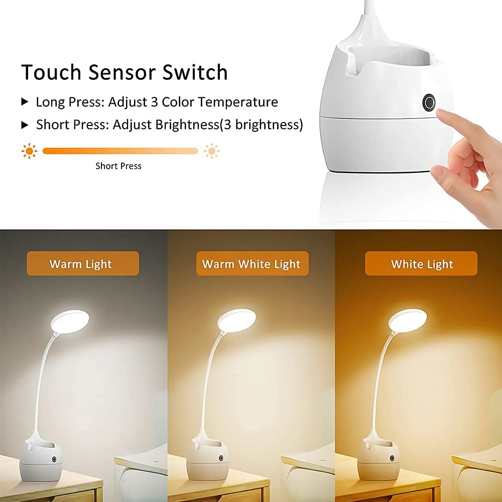 Eine weiße Schreibtischlampe mit Berührungssensor. Zeigt warme, warmweiße und weiße Lichtoptionen. Anweisungen zum Anpassen von Farbe und Helligkeit.