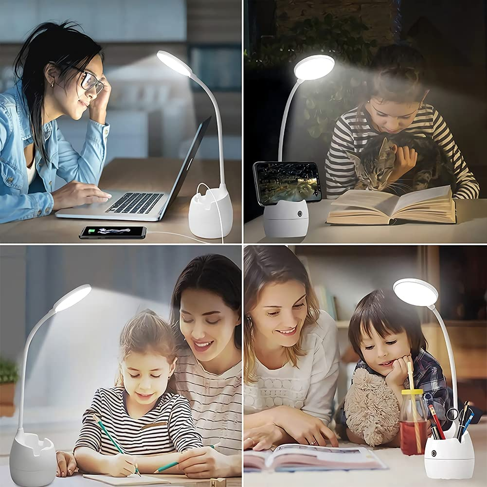 Collage von Personen, die eine weiße Schreibtischlampe benutzen. Eine Frau benutzt einen Laptop, ein Kind liest und ein anderes Kind zeichnet.