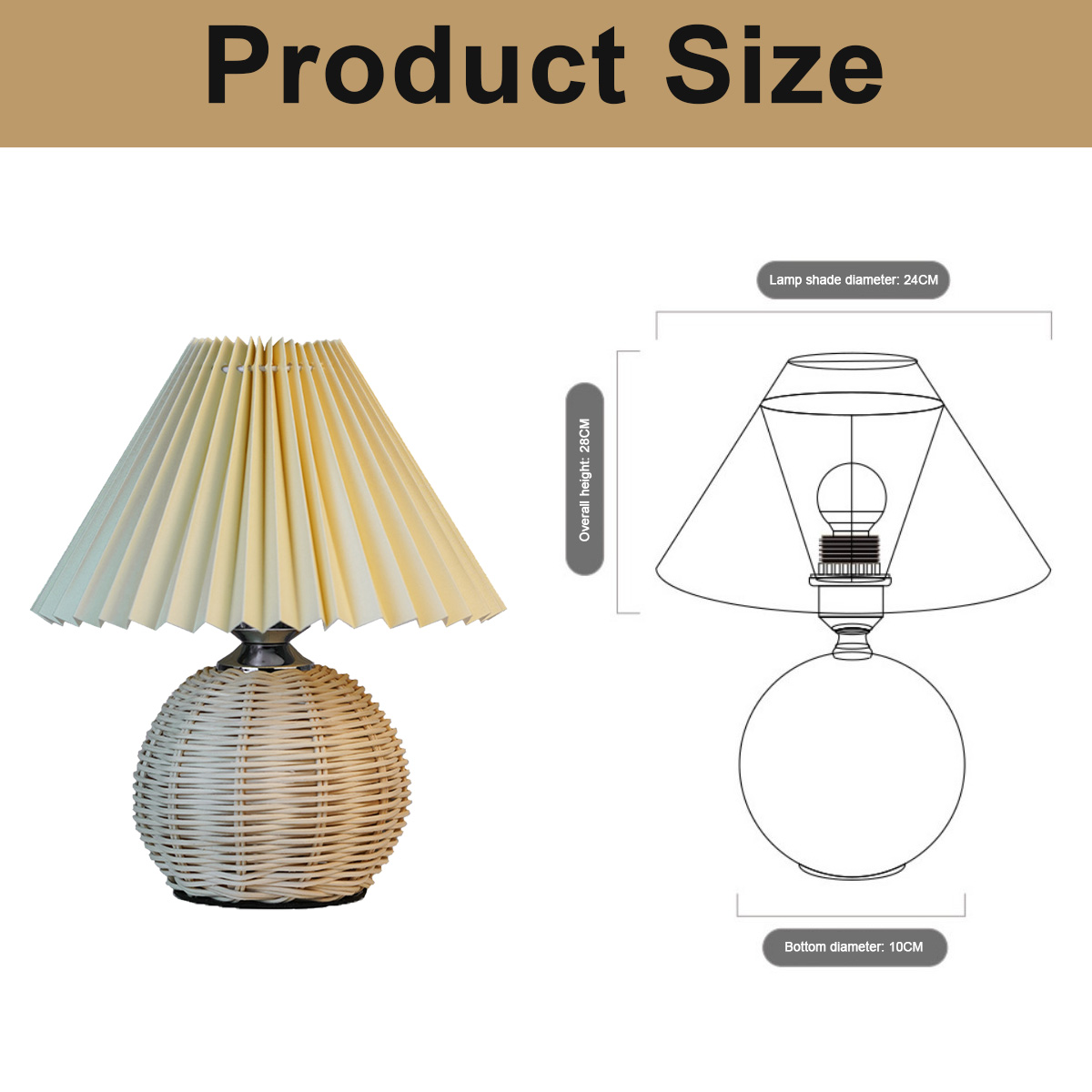 Eine Tischlampe mit plissiertem Lampenschirm und Korbfuß wird neben einer Diagramm mit ihren Abmessungen angezeigt.