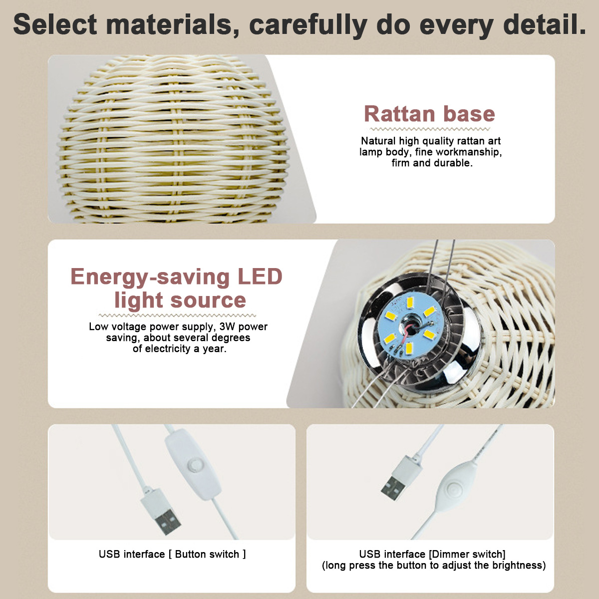 Das Bild zeigt eine Rattanlampe mit LED-Leuchten und USB-Schnittstellen. Der Text beschreibt die Eigenschaften der Lampe, einschließlich Energiesparen.