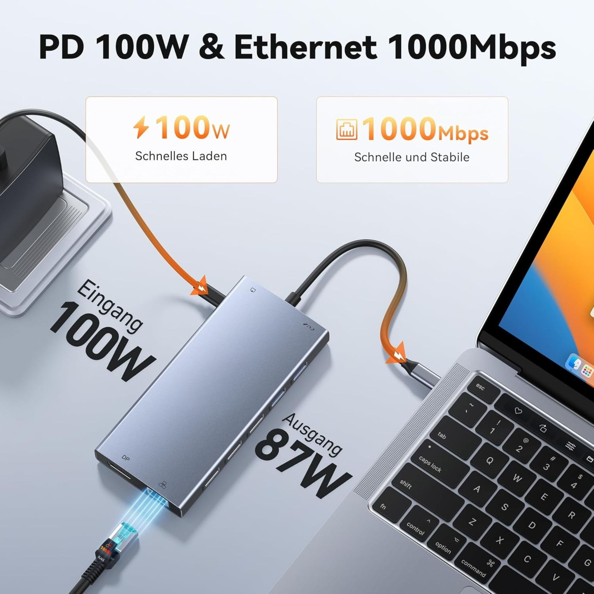 Laptop podłączony do huba z kablami Ethernet i zasilającymi. Tekst mówi 100W PD i Ethernet 1000Mbps.