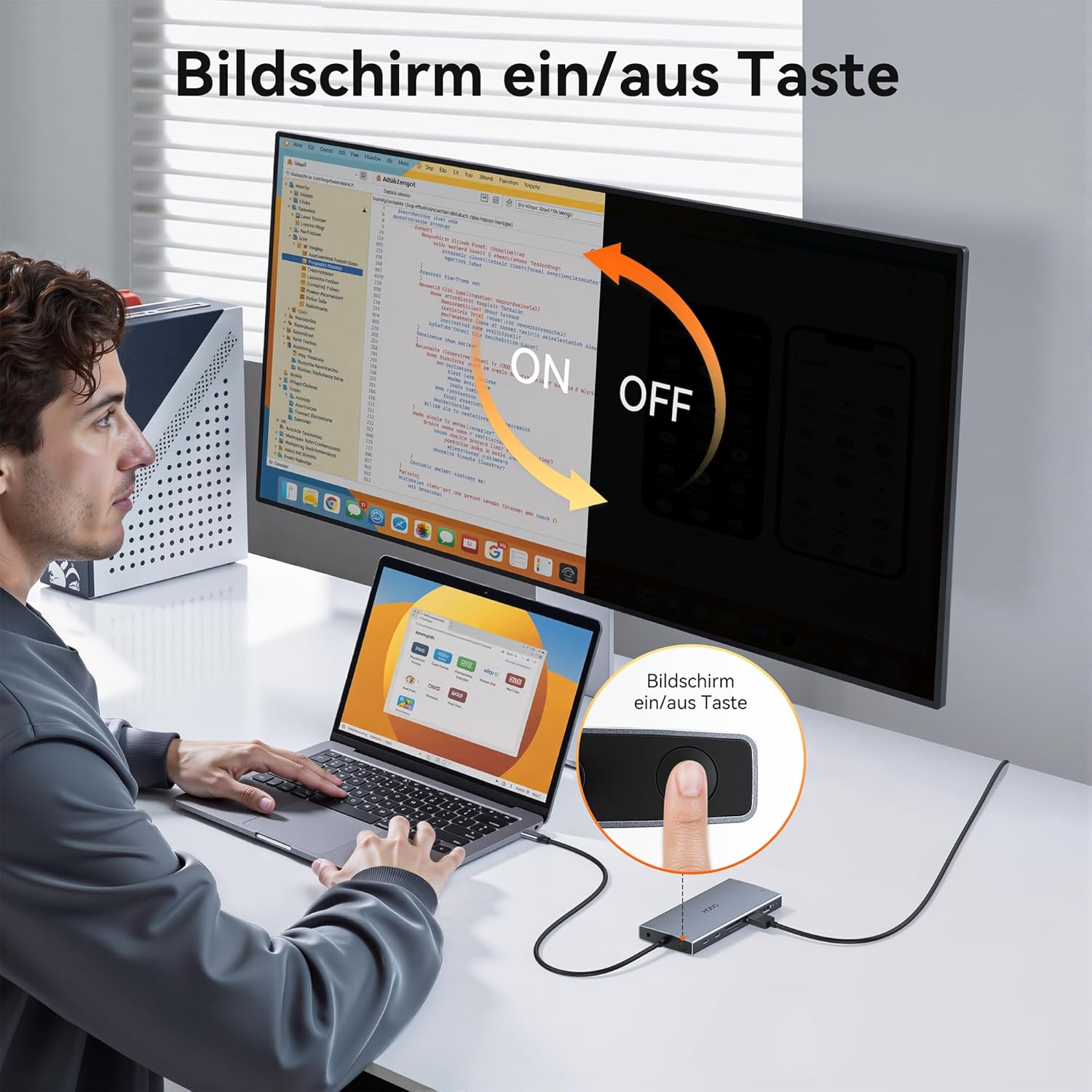 Mężczyzna używa laptopa podłączonego do monitora. Przycisk włączenia/wyłączenia ekranu jest podświetlony.