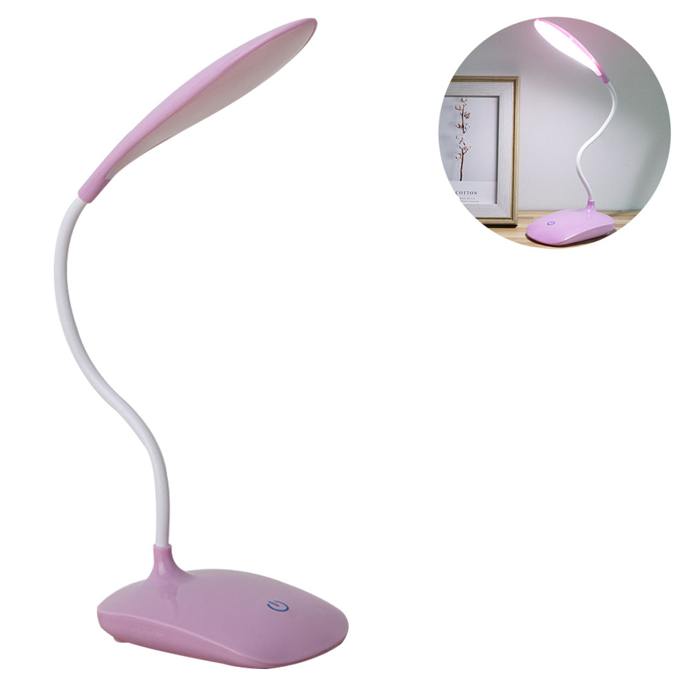 Eine rosa Schreibtischlampe mit gebogenem Hals und weißem Sockel. Im oberen rechten Eck ist ein kleineres Bild der Lampe.