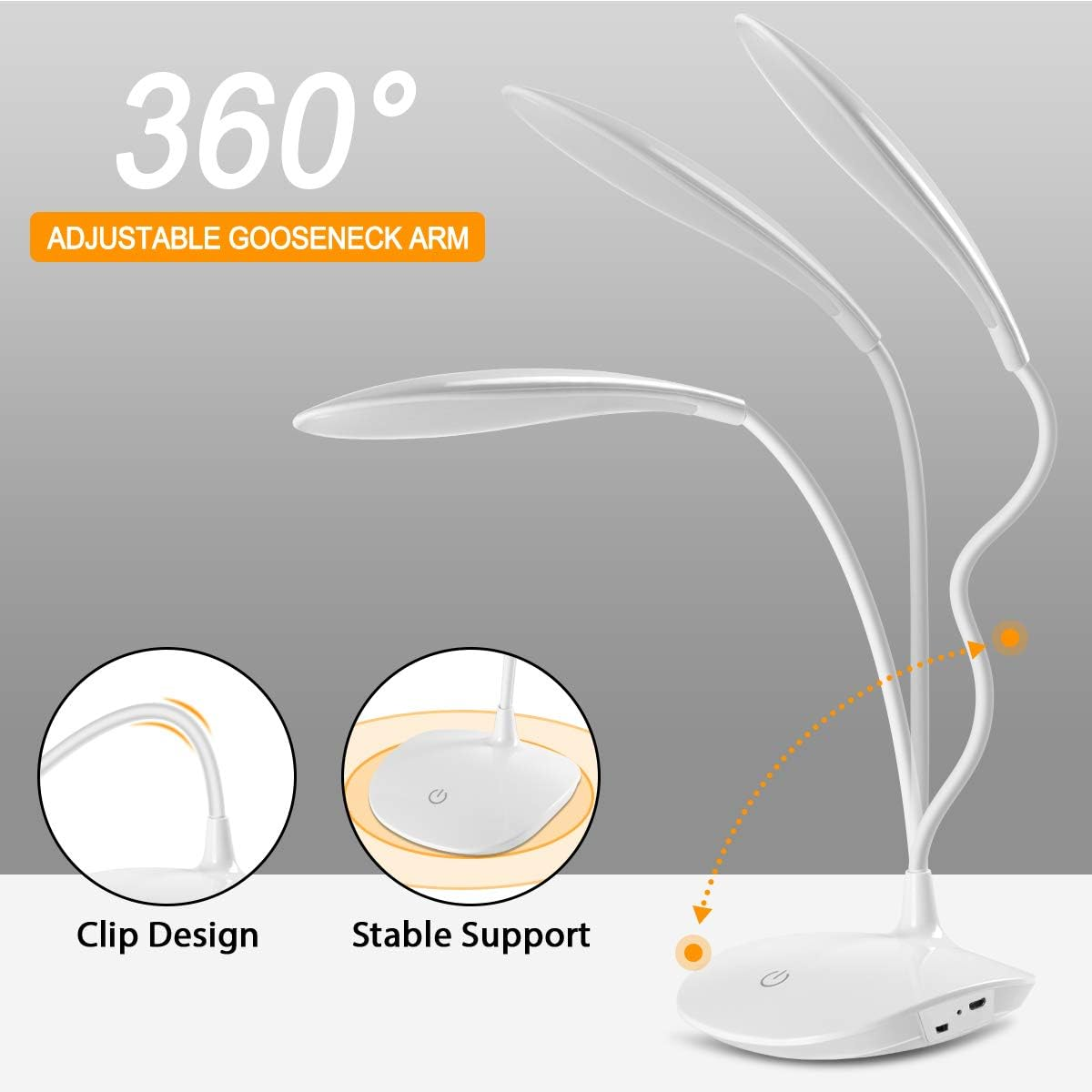 Eine weiße LED-Schreibtischlampe mit verstellbarem Schwanenhalsarm wird gezeigt. Zu den Merkmalen gehören Clip-Design und stabiler Ständer, mit 360-Grad-Drehung.