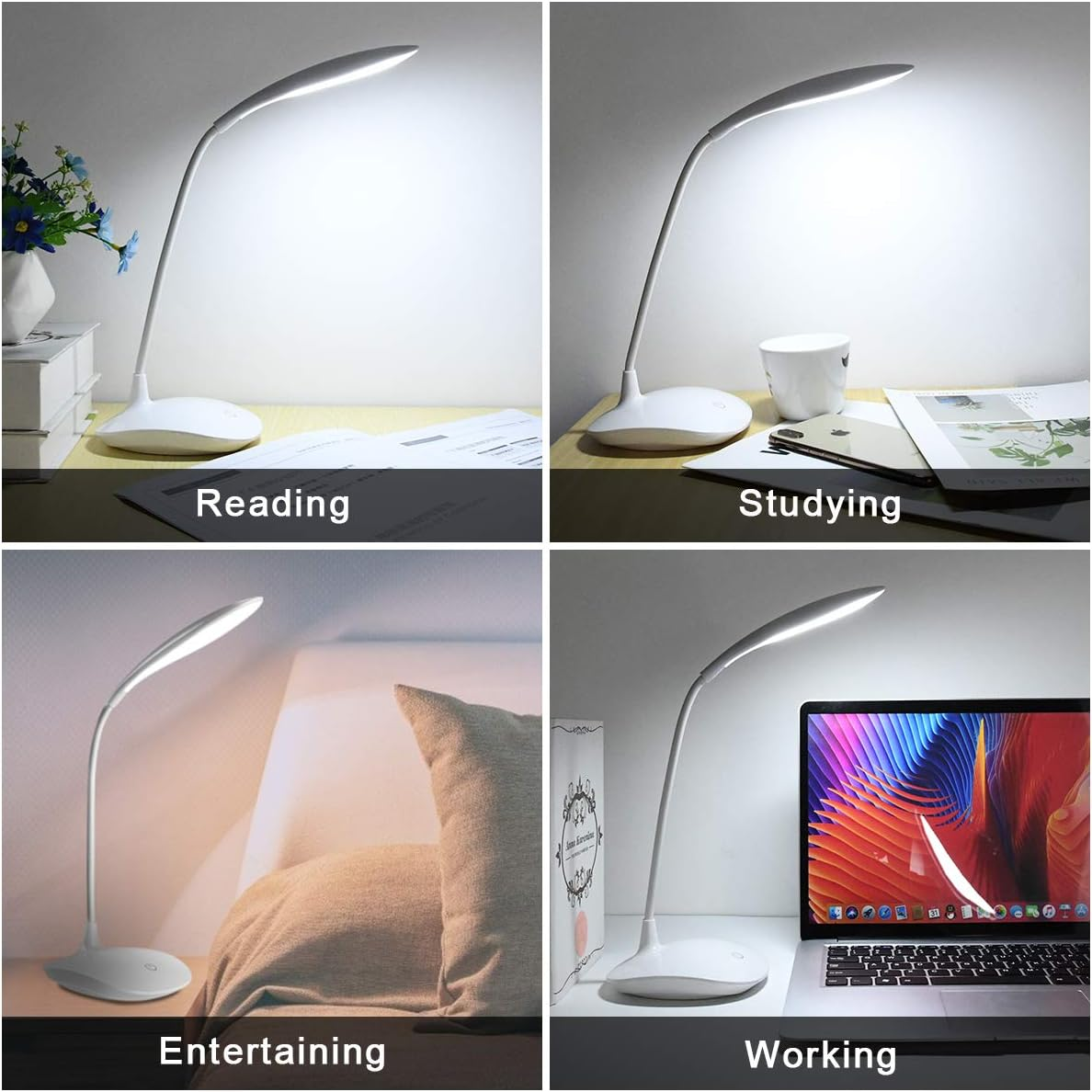 Vier Szenen zeigen eine weiße Schreibtischlampe in verschiedenen Umgebungen: Lesen mit Papieren, Studieren mit einer Tasse, Unterhalten mit einem Kissen, Arbeiten mit einem Laptop.