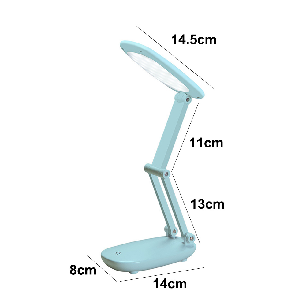 Eine hellblaue, faltbare LED-Schreibtischlampe wird angezeigt. Abmessungen sind beschriftet: 14,5 cm, 11 cm, 13 cm, 14 cm und 8 cm.
