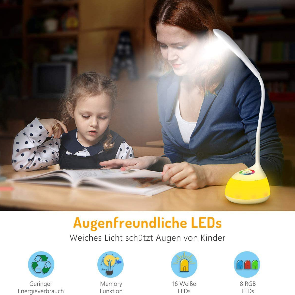 Eine Frau und ein Kind lernen unter einer Schreibtischlampe. Die Lampe ist an und beleuchtet die Szene. Text unten beschreibt die Funktionen.