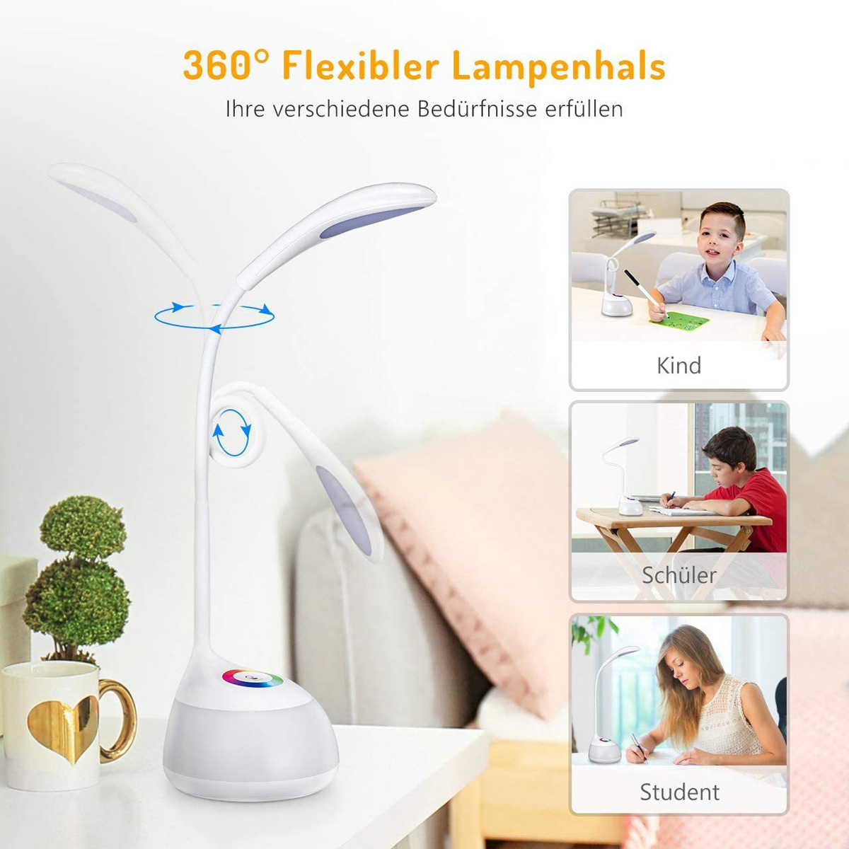Weiße Schreibtischlampe mit flexiblem Hals, neben einer Tasse und Pflanzen. Drei Bilder zeigen Kinder, Schüler und eine Studentin, die die Lampe benutzen.