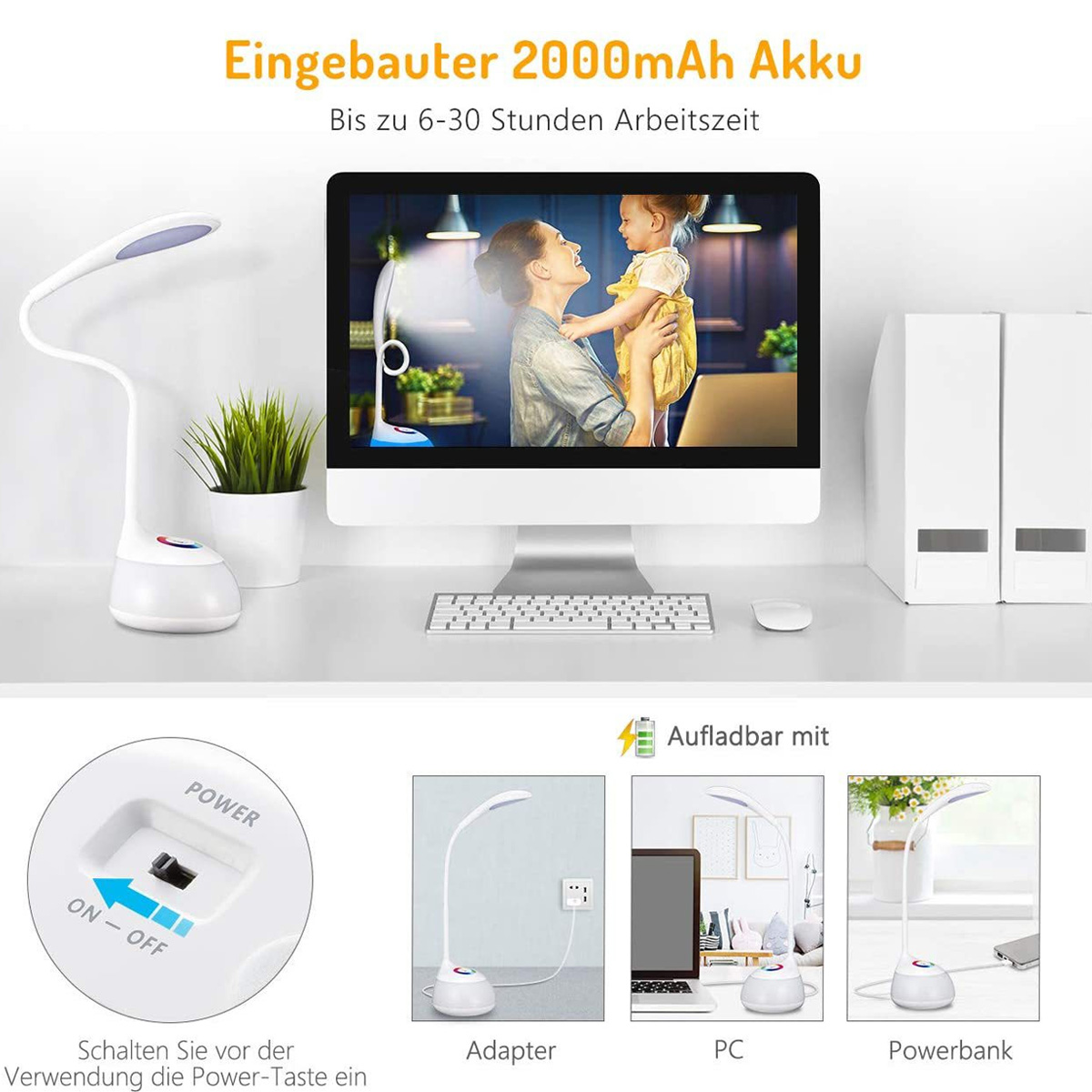 Eine weiße Schreibtischlampe, ein Computer mit Frau und Kind, und ein Ein-/Ausschalter auf der linken Seite.