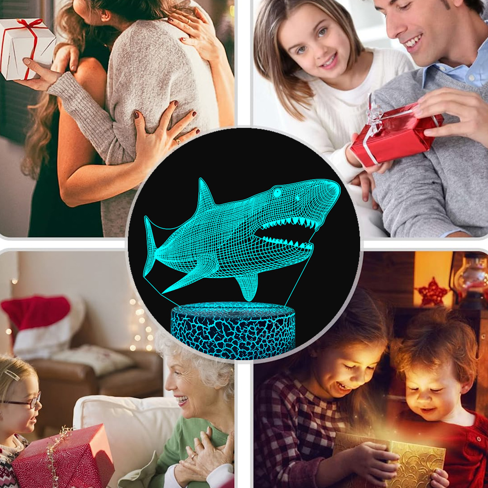Collage von Menschen, die Geschenke austauschen, zentrale Hai-Lampe. Szenen von Umarmungen und dem Öffnen von Geschenken, freudige Ausdrücke.