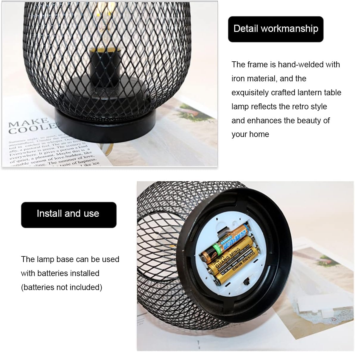 Eine schwarze Metalllaterne mit Drahtgitterdesign. Die Lampe hat einen runden Sockel und enthält Batterien. Im Hintergrund ein Buch.