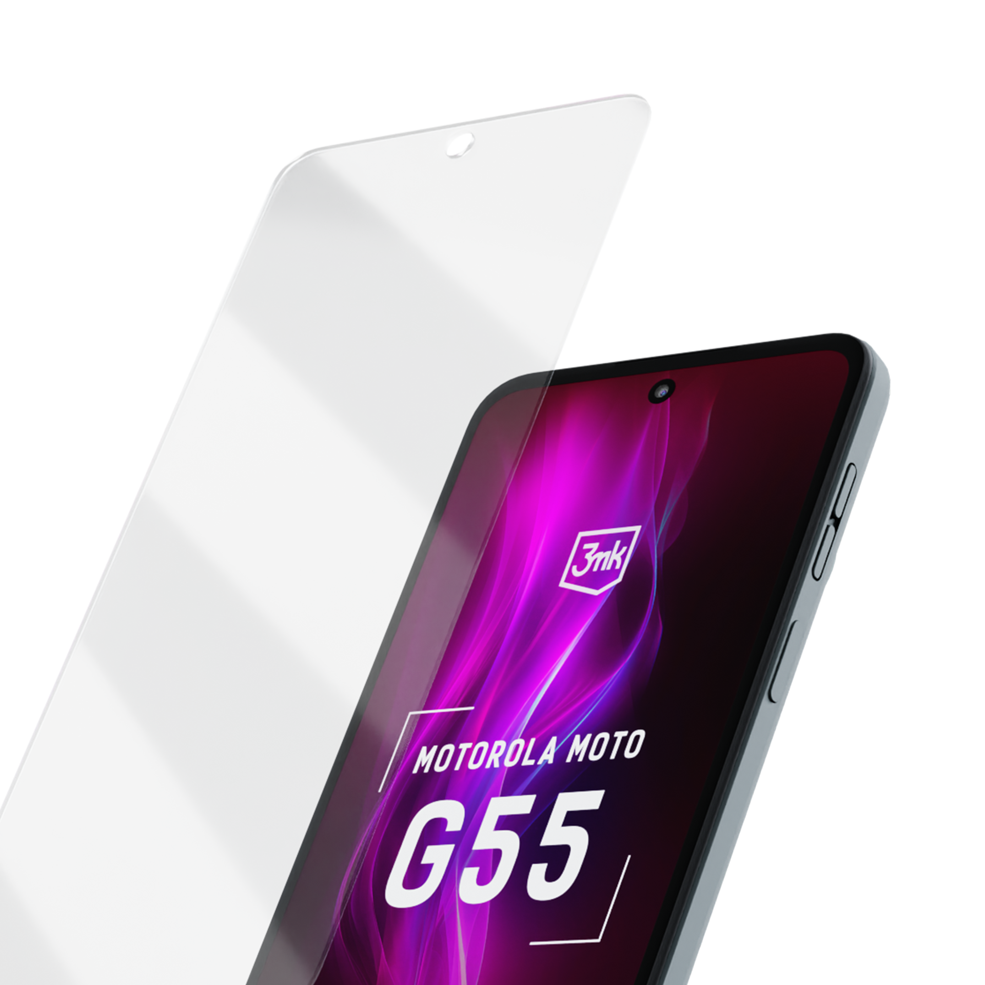Un telefono Motorola Moto G55 con protezione schermo. Lo schermo mostra un design viola. Il telefono è grigio.