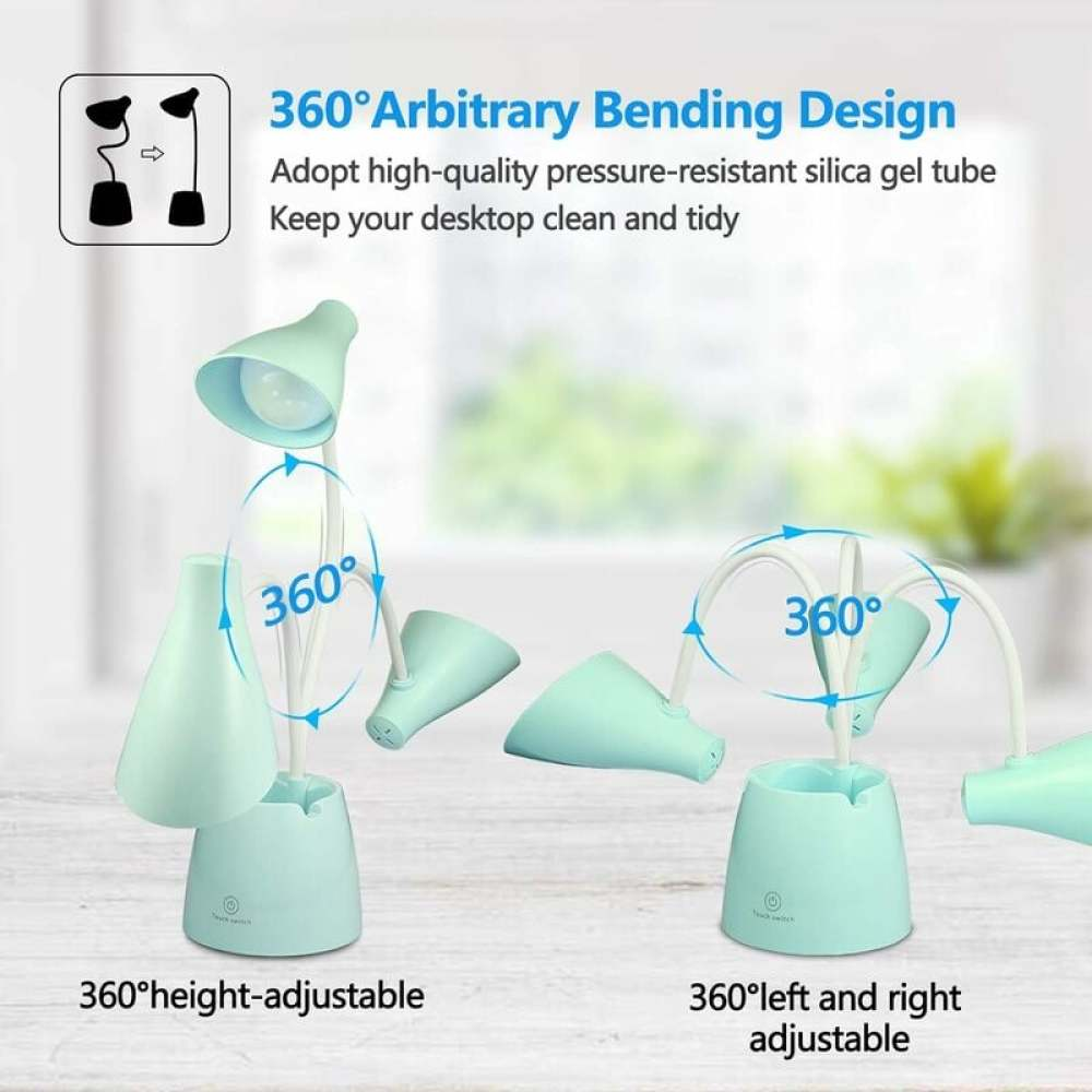 Das Bild zeigt eine 360-Grad-verstellbare Schreibtischlampe. Sie hat einen blauen Sockel und Kopf mit weißem, flexiblem Arm. Text hebt ihre Funktionen hervor.