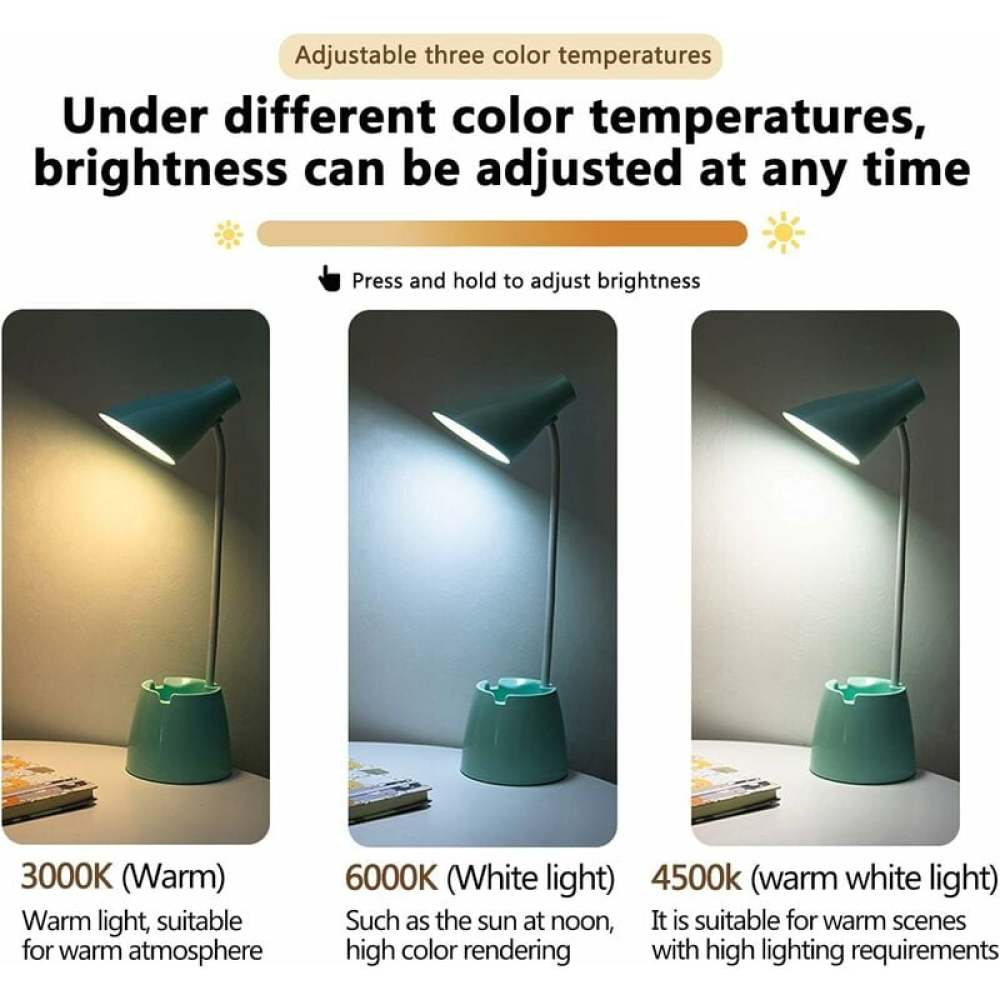 Das Bild zeigt drei Lampen mit unterschiedlichen Lichteinstellungen: warm, weiß und warmweiß. Text erklärt die Farbtemperatureinstellungen.