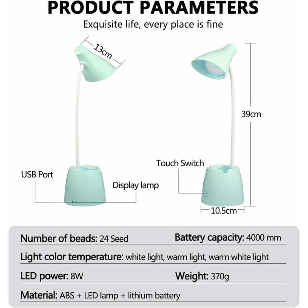 Eine minzgrüne Schreibtischlampe mit Maßen und Produktspezifikationen wird gezeigt. Sie hat einen Touch-Schalter und einen USB-Anschluss.