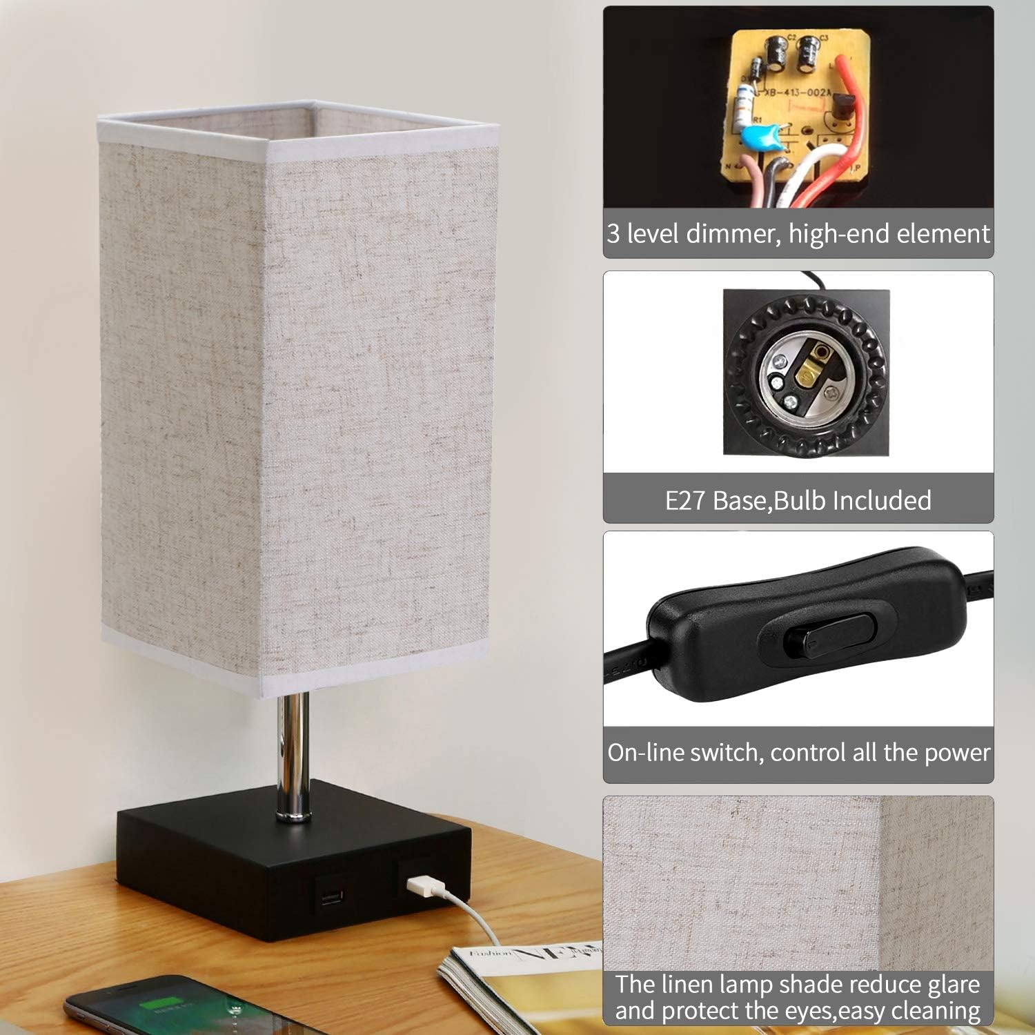 Eine beige Leinenlampe mit schwarzem Sockel, USB-Anschlüssen und einem Netzschalter. Details beinhalten Lampenfassung und Dimmer.