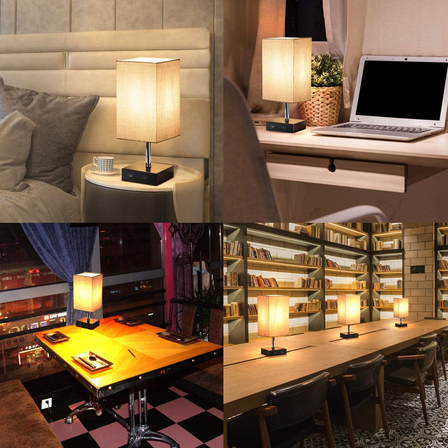 Vier Bilder, die eine Lampe in verschiedenen Umgebungen zeigen: Schlafzimmer, Schreibtisch, Restauranttisch und Bibliothekstisch. Jedes zeigt eine leuchtende Lampe.
