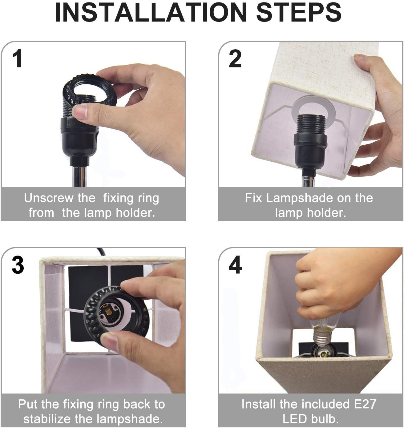 Installationsschritte: Ring abschrauben, Schirm anbringen, Ring wieder anbringen und Glühbirne einsetzen.
