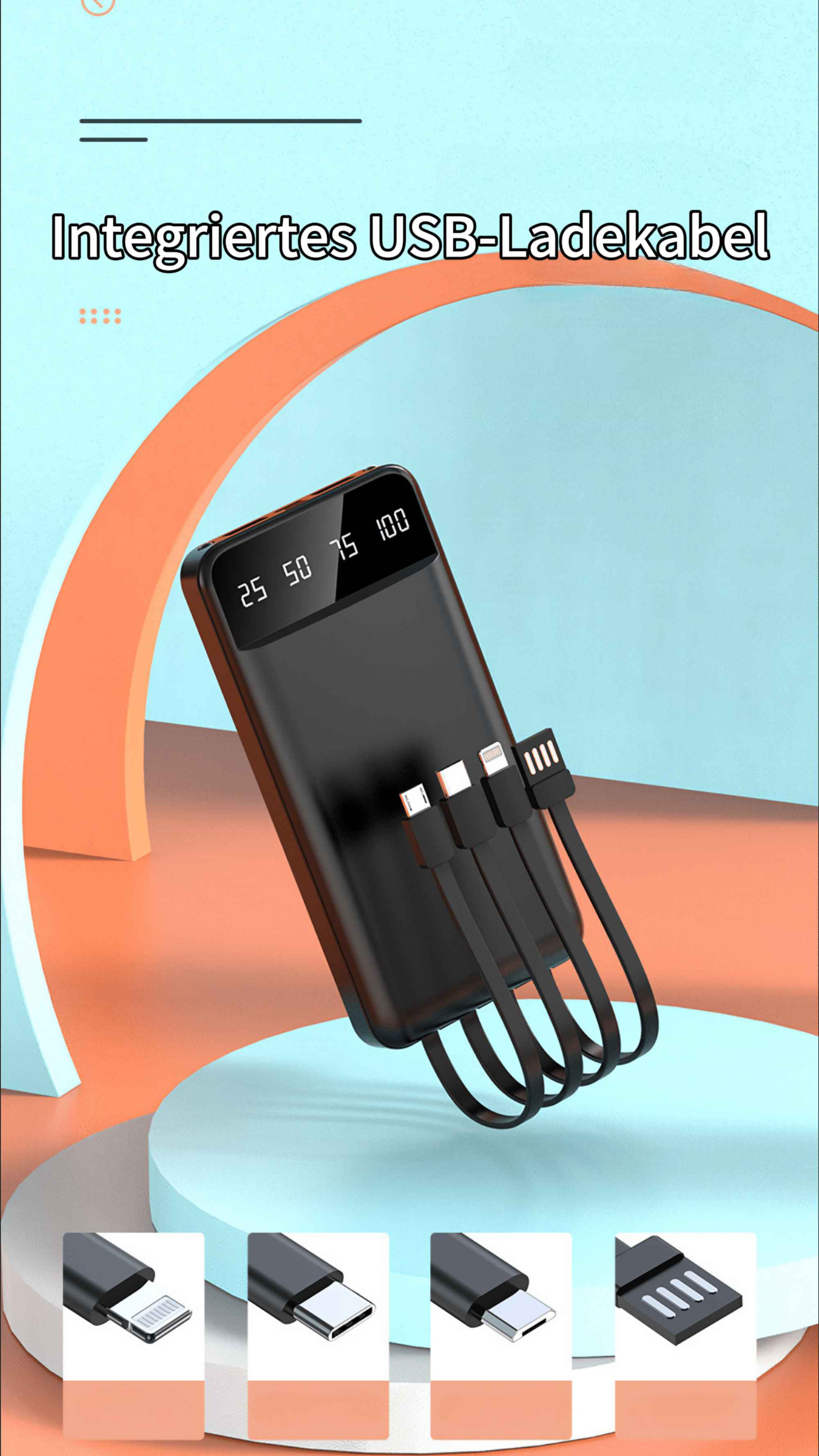 Schwarze Powerbank mit USB-Ladekabeln. Das Display zeigt den Ladezustand an. Enthält mehrere Steckertypen.