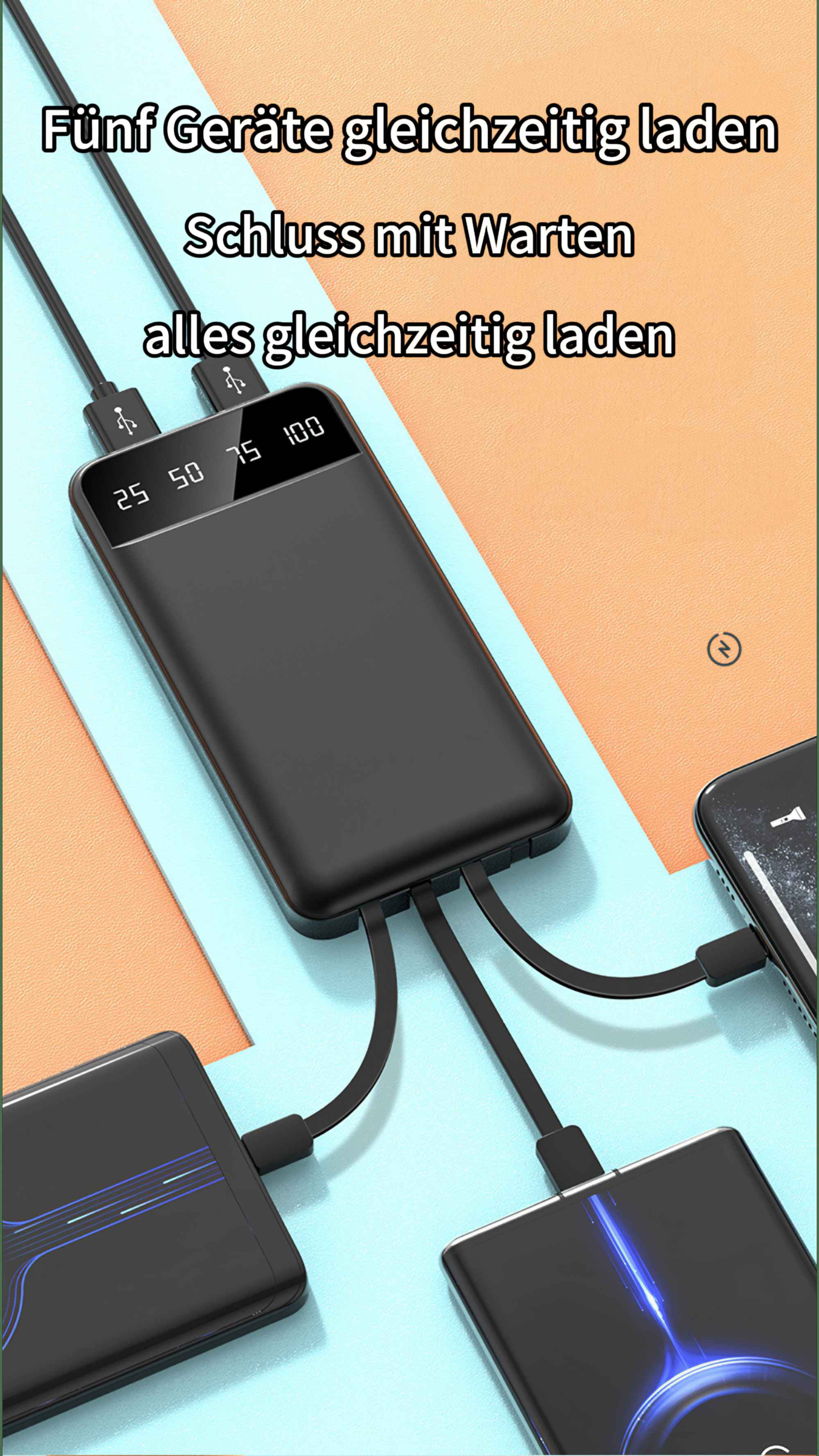 Eine schwarze Powerbank mit Kabeln, die mit mehreren Geräten verbunden sind. Text oben sagt, dass mehrere Geräte gleichzeitig geladen werden.