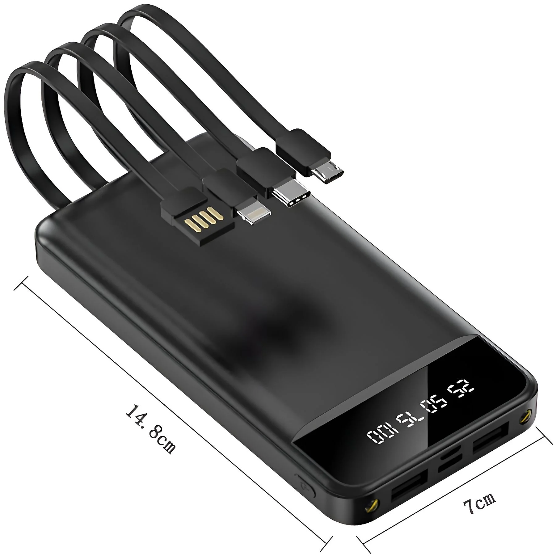 Schwarze Powerbank mit angeschlossenen Kabeln und verschiedenen Steckertypen. Das Display zeigt den Akkustand an. Abmessungen sind angegeben.