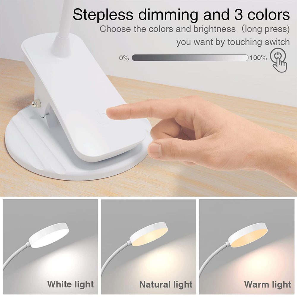 Eine Hand berührt eine weiße Schreibtischlampe. Die Lampe bietet 3 Lichtfarben: weiß, natürlich und warm. Text zeigt stufenloses Dimmen.