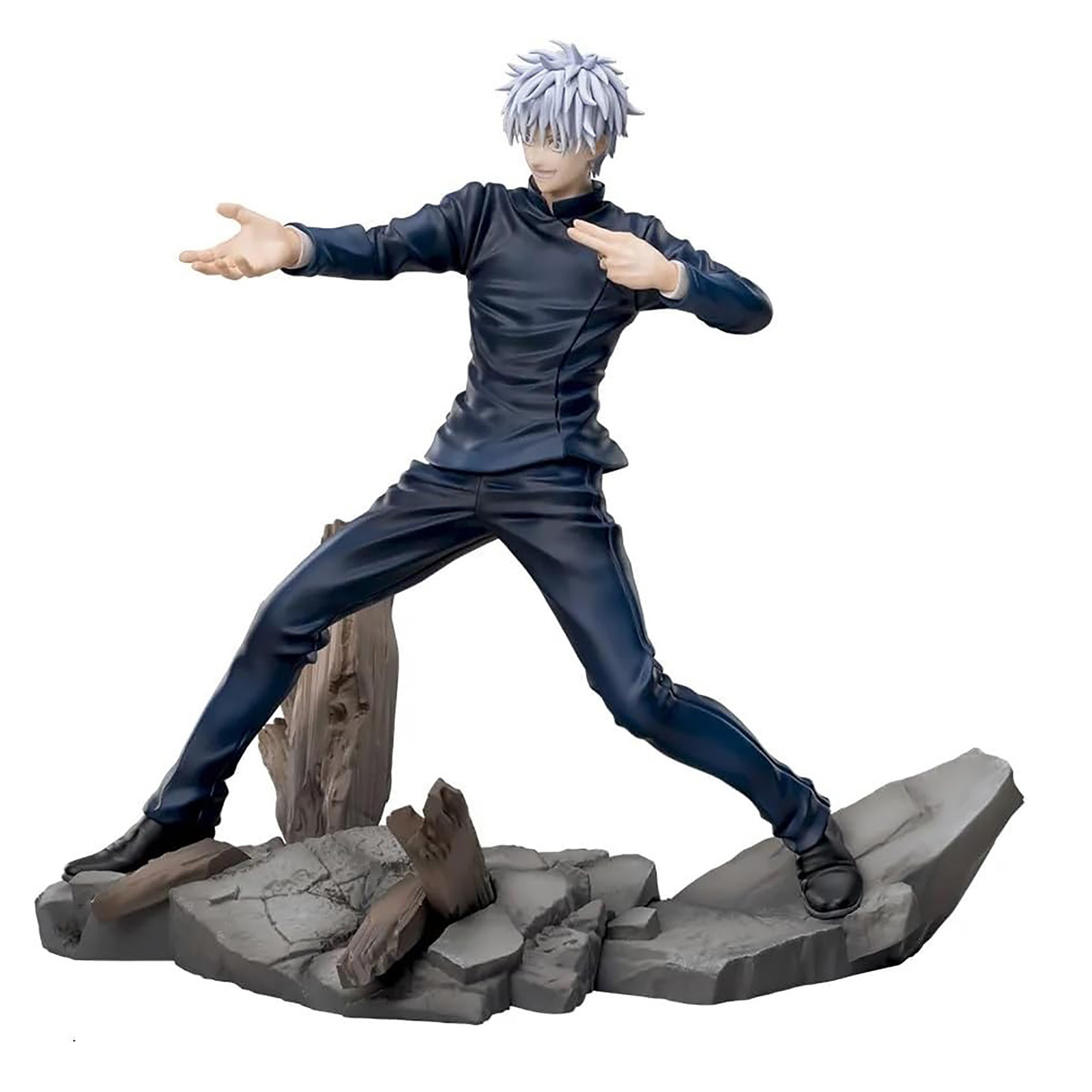 Anime-Figur eines Mannes in einem schwarzen Anzug mit weißen Haaren, der mit einer Hand zeigt und die andere ausstreckt.