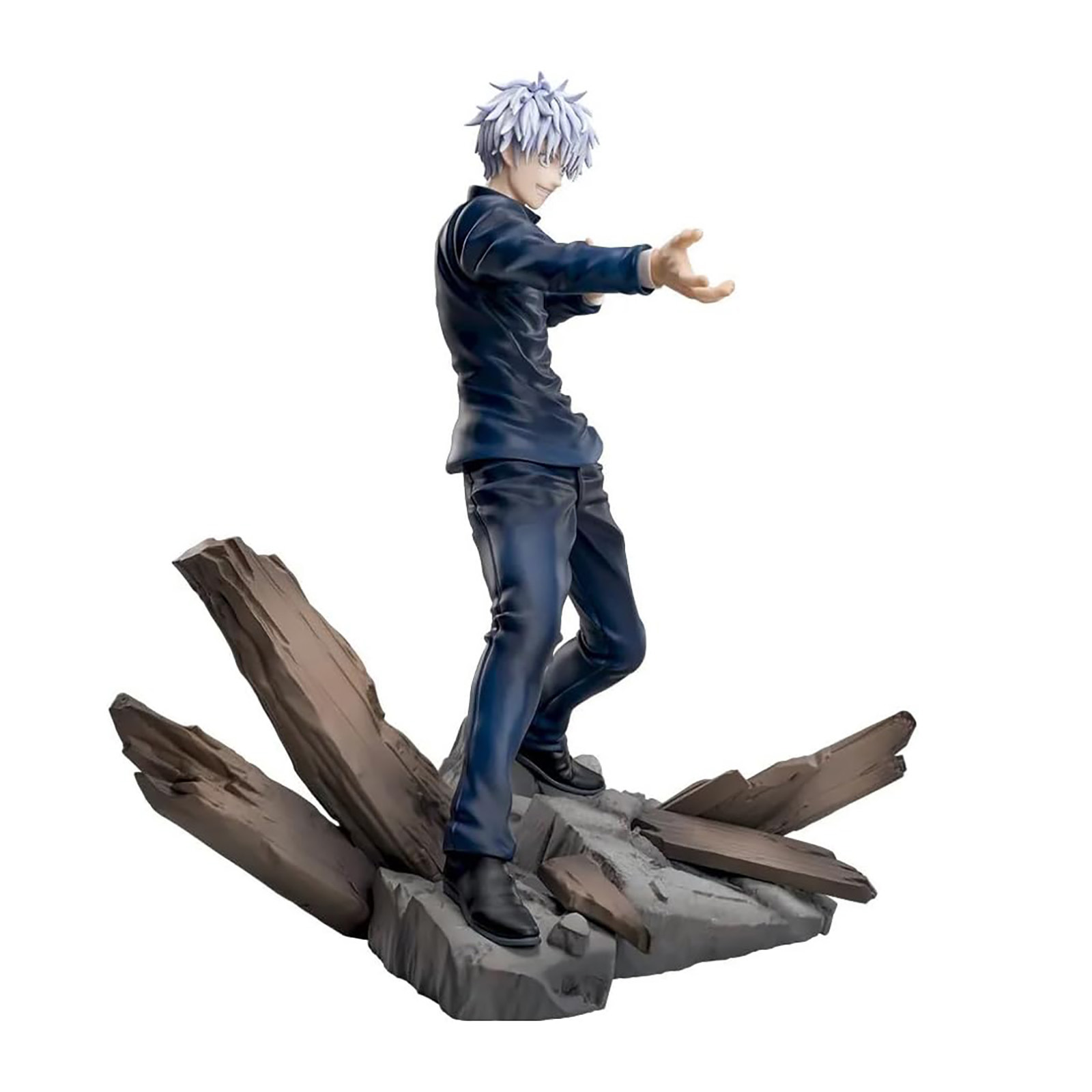 Anime-Figur eines Mannes in dunklem Anzug mit weißem Haar, stehend auf einem Felsensockel mit Holzstücken, Arme ausgestreckt.