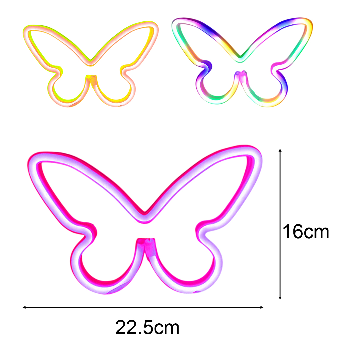 Drei Schmetterlingsumrisse mit bunten Neonlichtern. Das größte ist 22,5 cm breit und 16 cm hoch. Zwei kleinere oben.