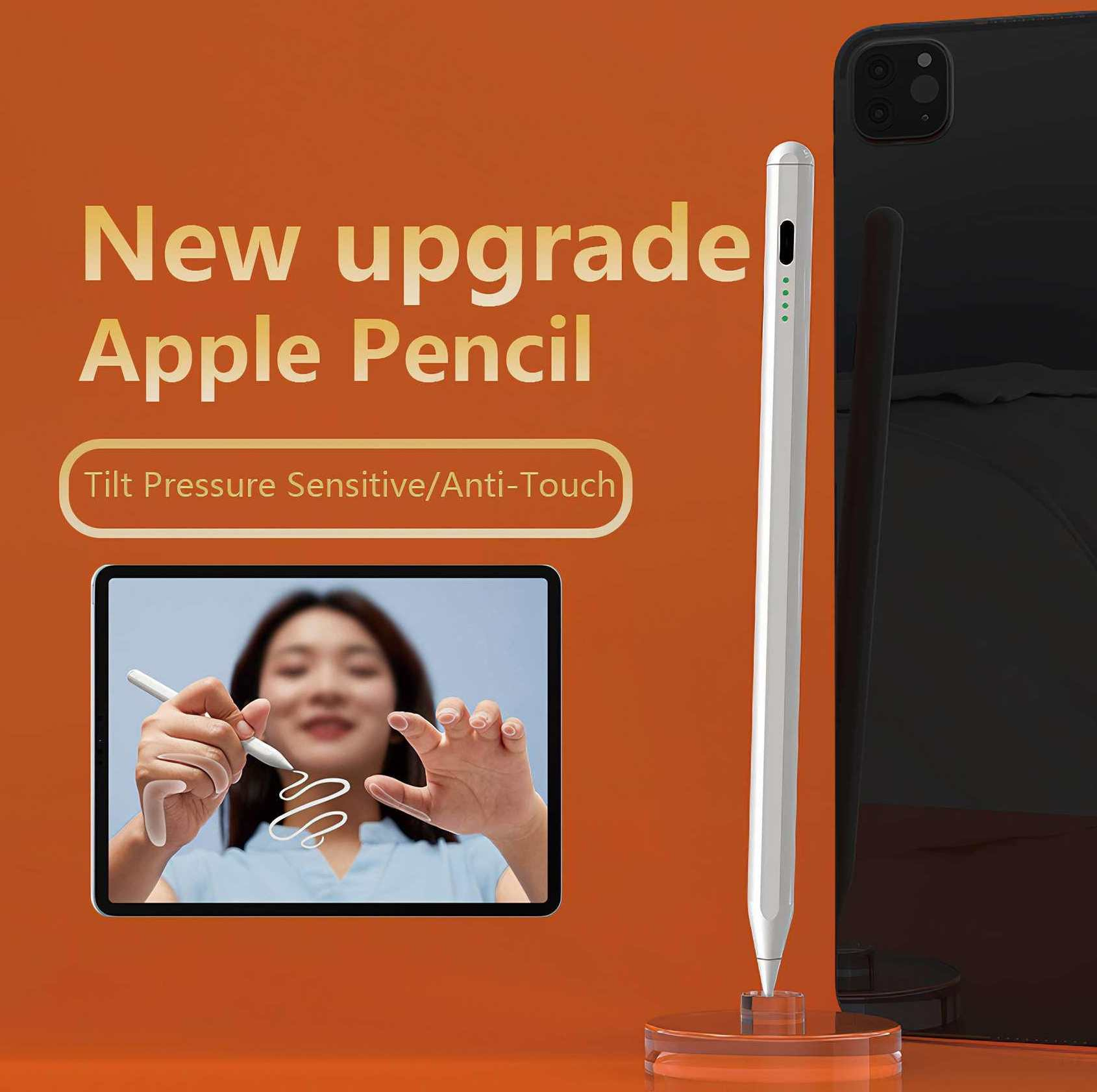 Das Bild zeigt einen Apple Pencil mit einem iPad, eine Frau benutzt den Stift. Text: Neues Upgrade Apple Pencil.