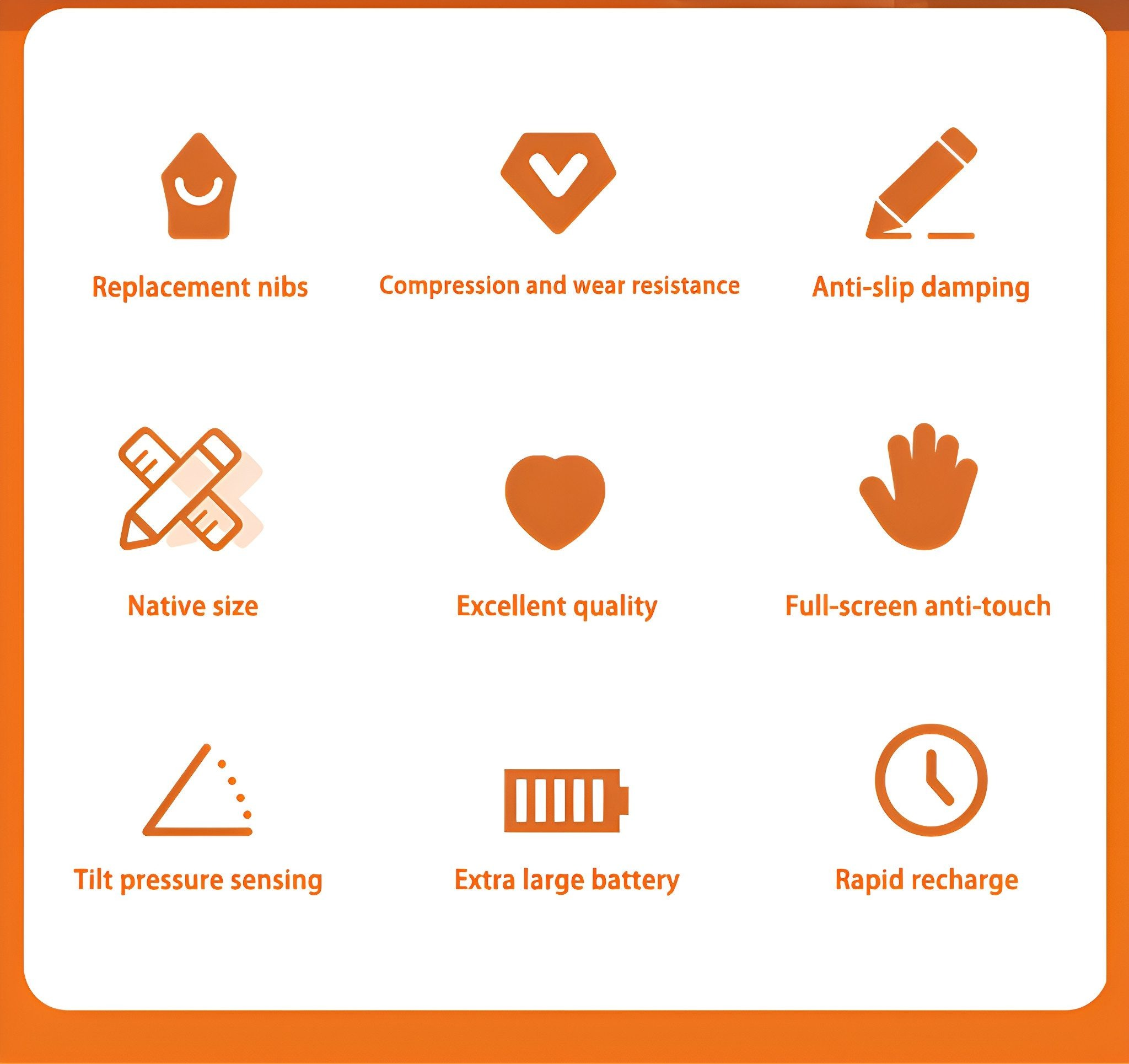 Orangefarbene Symbole auf weißem Hintergrund: Spitzen, Verschleißfestigkeit, Dämpfung, Größe, Qualität, Touch, Sensorik, Akku, Aufladung.