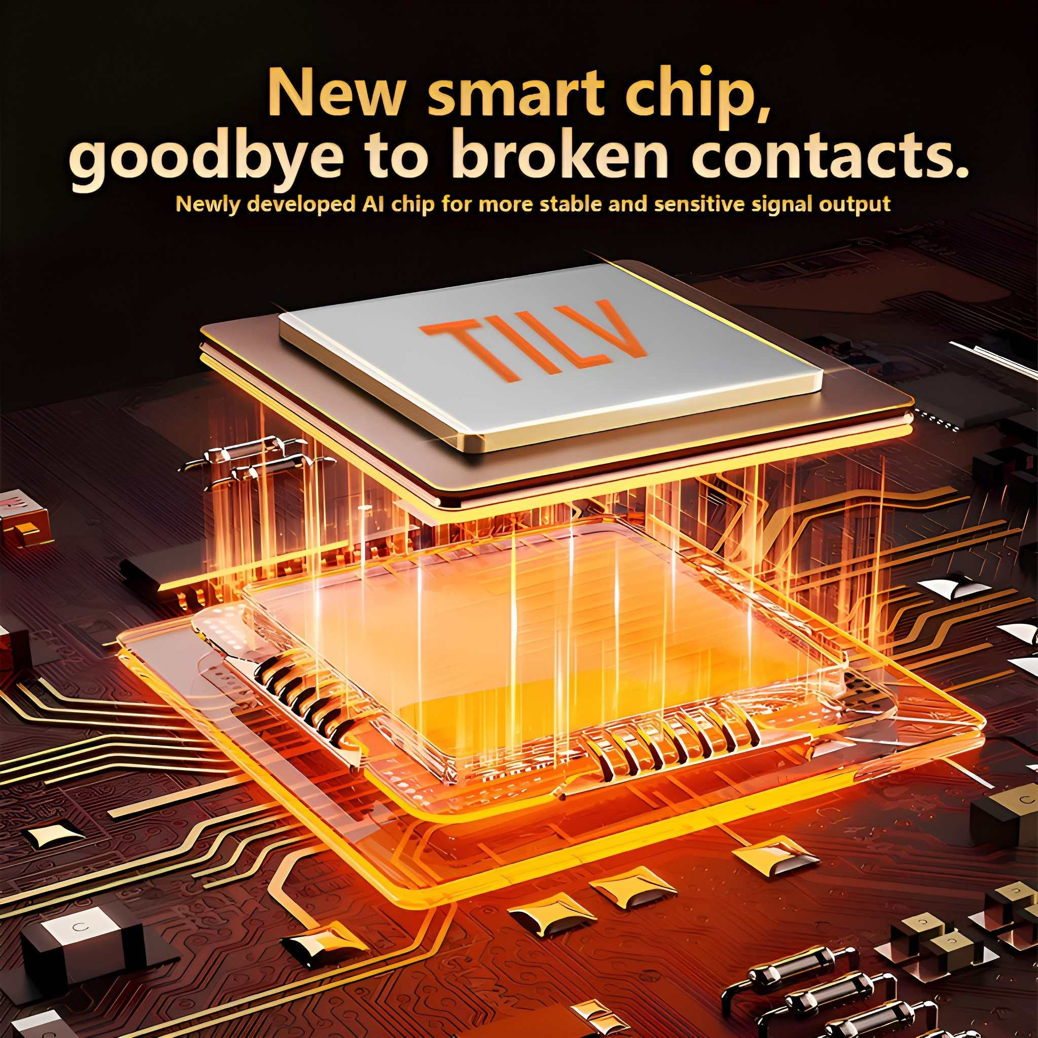Eine technische Grafik einer Leiterplatte und eines Chips mit dem Wort TILV. Es ist orange und gold.