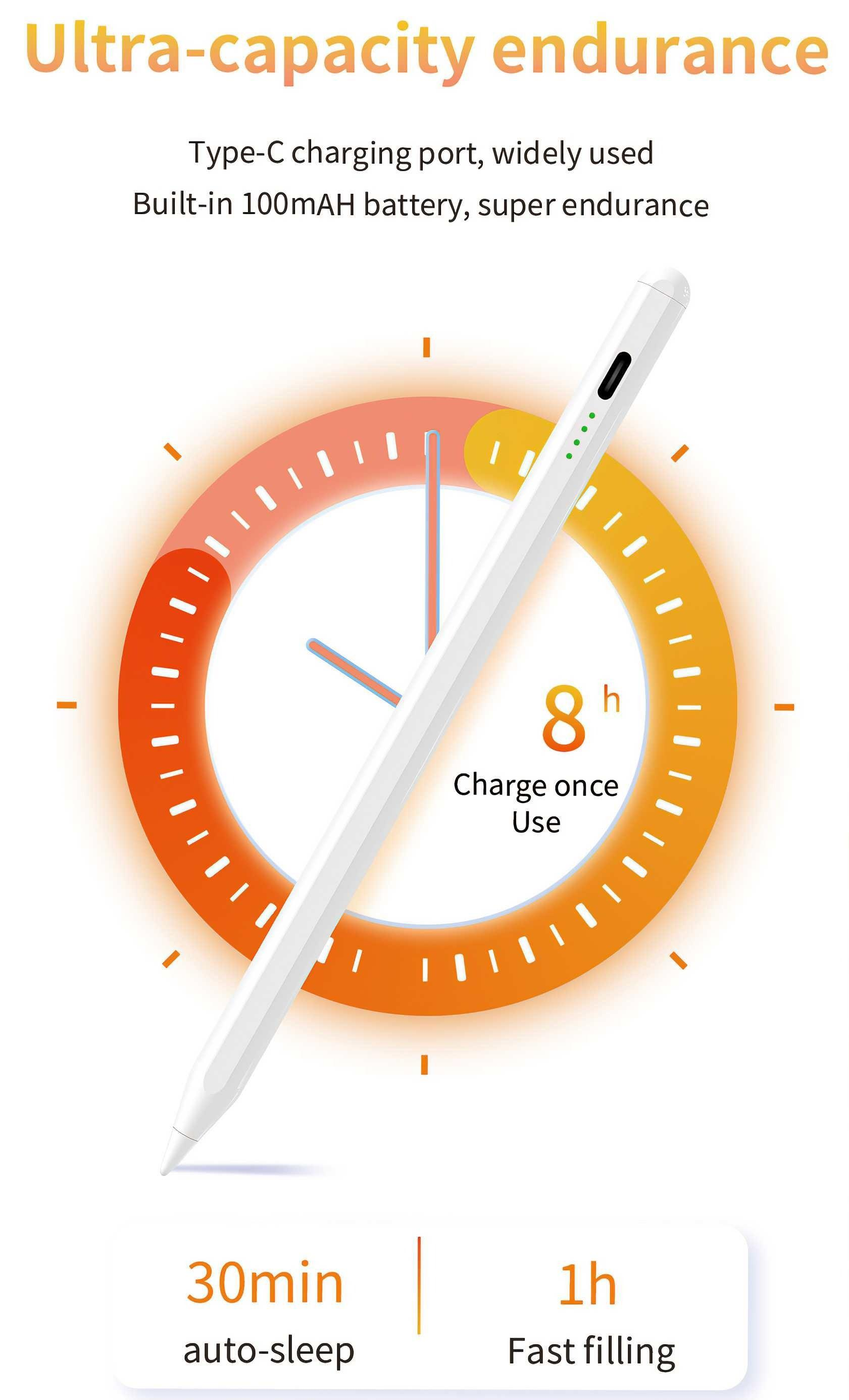 Weißer Stift über einem orange-gelben Kreis. Text zeigt 8h Nutzung, 30min Auto-Schlaf und 1h schnelles Aufladen an.