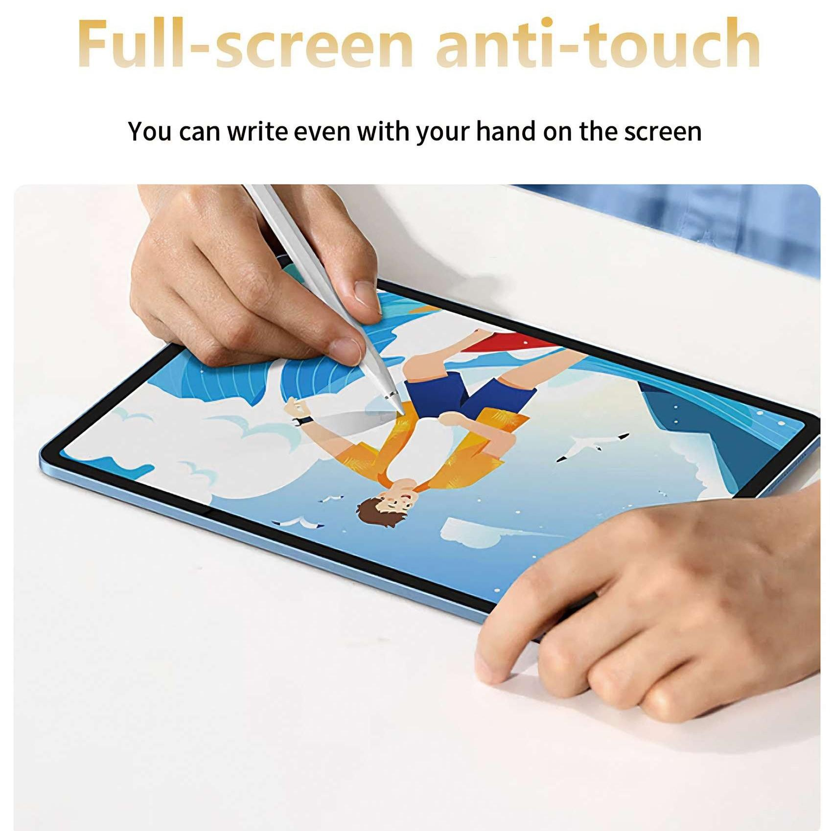Eine Hand benutzt einen Stift auf einem Tablet. Der Bildschirm zeigt eine Zeichnung einer Person mit blauem Hintergrund.
