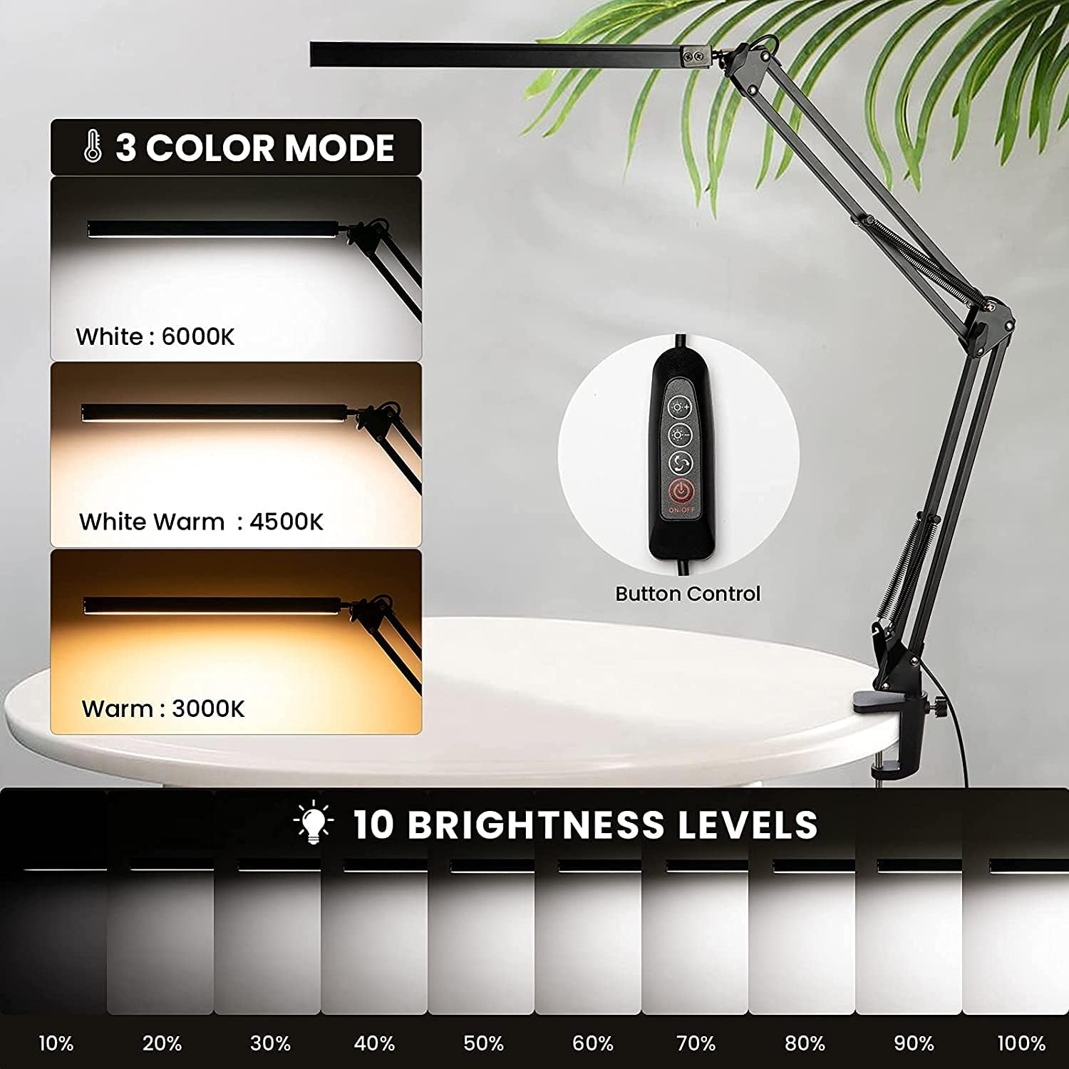Eine schwarze Schreibtischlampe mit verstellbarem Arm. Enthält 3 Farbmodi und 10 Helligkeitsstufen. Die Lampe steht auf einem weißen Tisch.