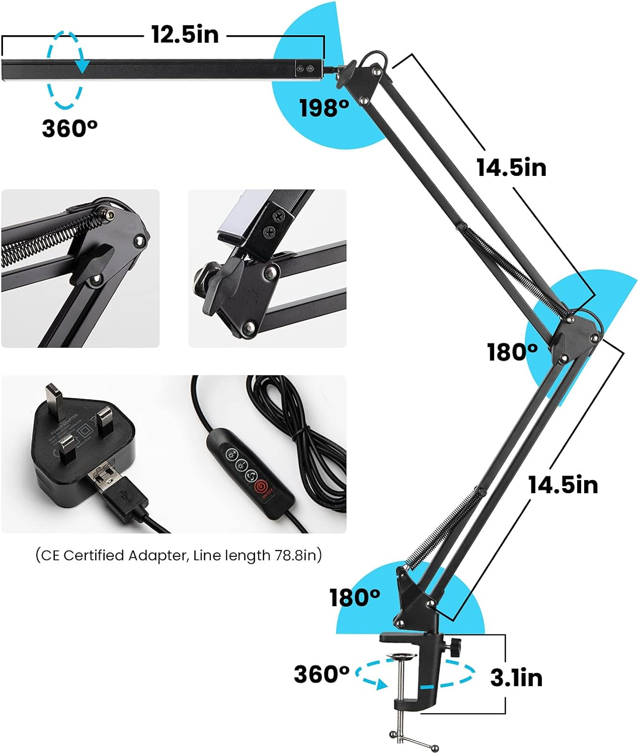 Eine schwarze, verstellbare Lampe mit Maßangaben. Inklusive Netzteil und Fernbedienung. Die Lampe kann sich um 360 und 180 Grad drehen.