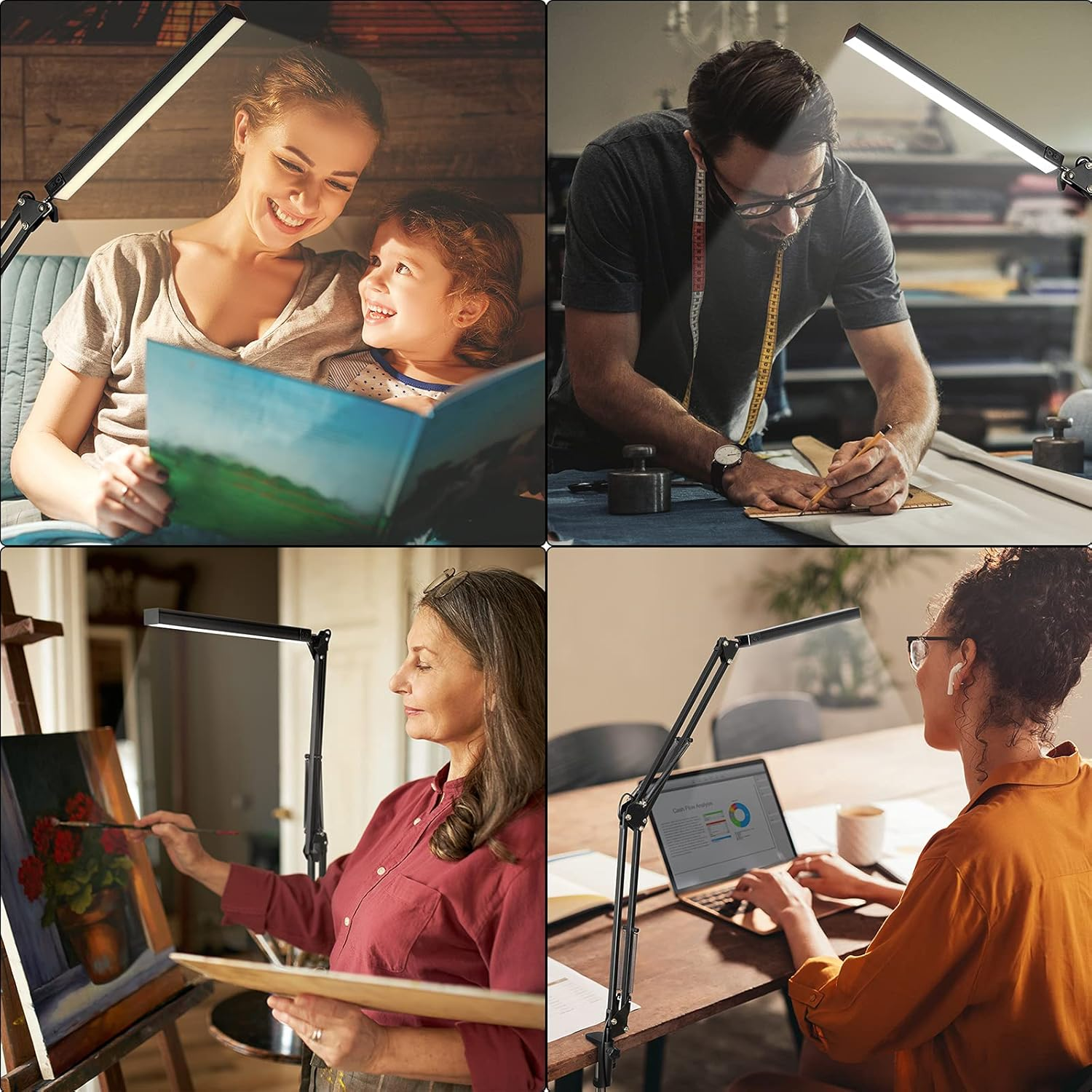 Vier Szenen zeigen Personen, die eine Arbeitsleuchte verwenden. Eine Mutter liest einem Kind vor, ein Mann arbeitet an einem Design, eine Frau malt und eine andere arbeitet an einem Laptop.