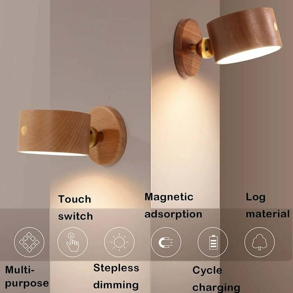 Zwei Wandlampen aus Holz mit Licht. Eigenschaften: Berührungsschalter, stufenloses Dimmen, magnetische Adsorption, Aufladen und Holzmaterial.