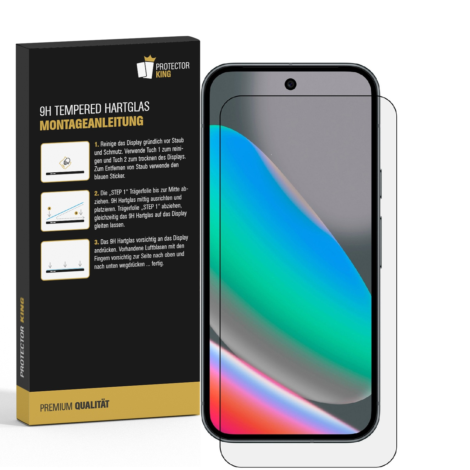 Ein Telefon mit Displayschutzfolie neben der Verpackung. Die Box enthält Anweisungen auf Deutsch und den Markennamen Protector King.