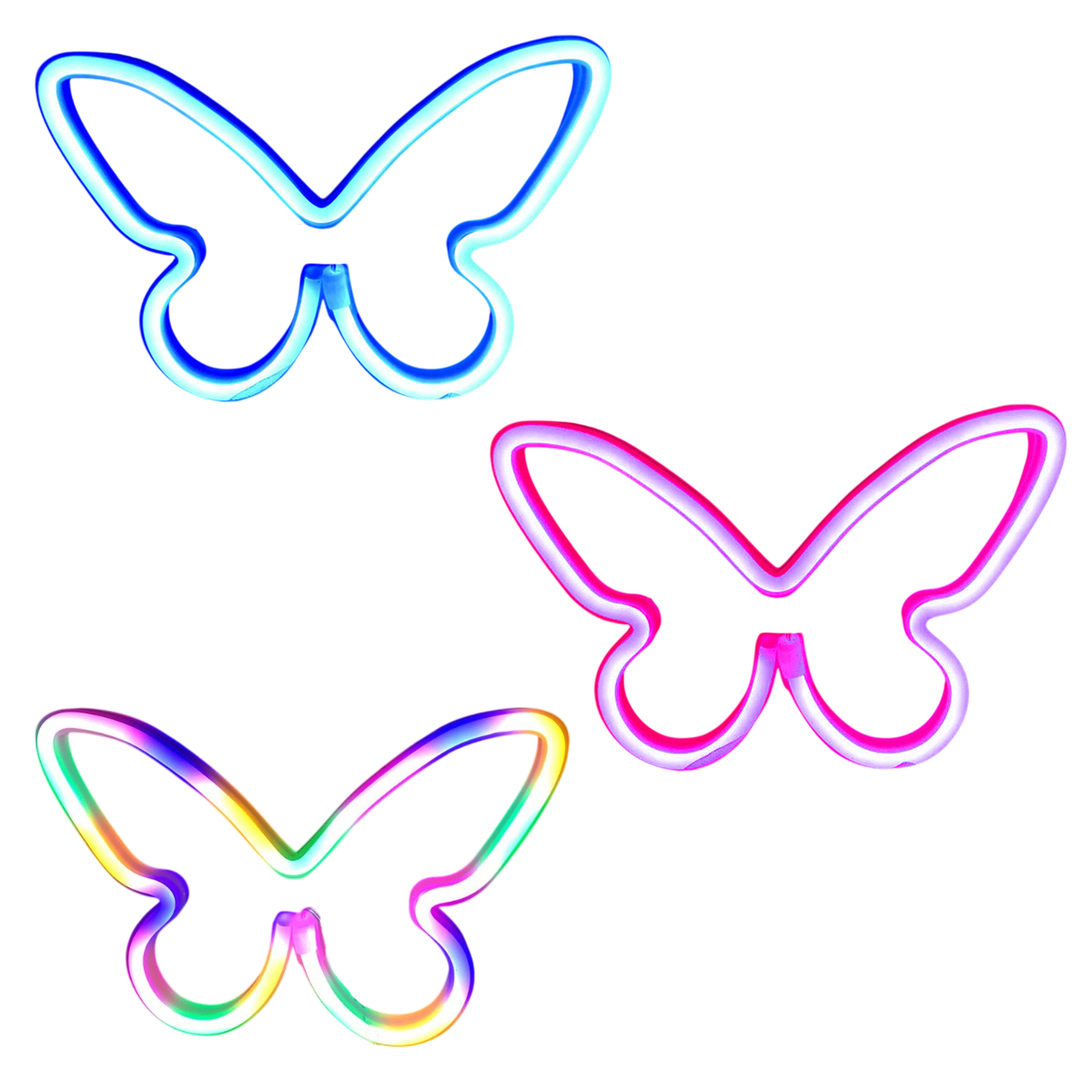 Drei Schmetterlingsumrisse in Neonfarben: blau, rosa und Regenbogenfarben. Die Schmetterlinge sind vor einem weißen Hintergrund.