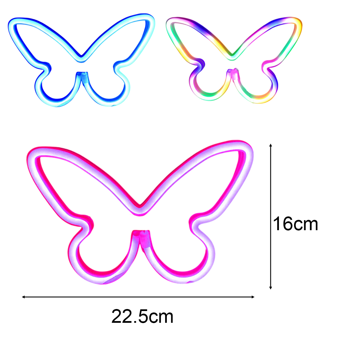 Drei schmetterlingsförmige Neonlichter. Eines blau, eines mehrfarbig und eines rosa. Abmessungen: 22,5 cm Breite, 16 cm Höhe.
