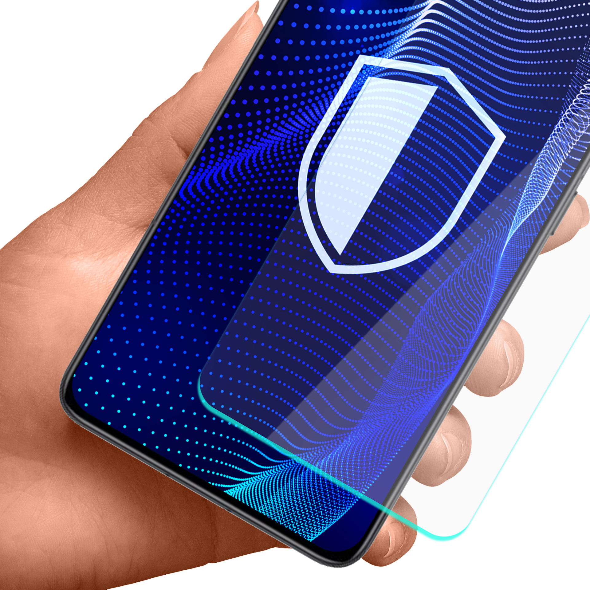Una mano tiene un telefono con un'icona a scudo sullo schermo. Lo schermo ha punti e linee blu.