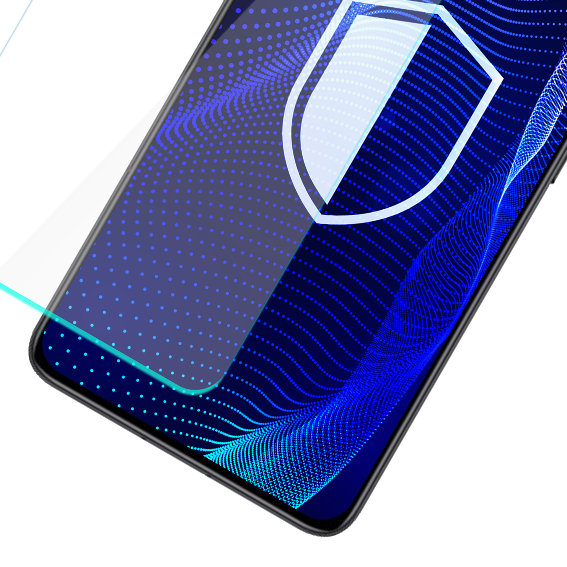 Uno schermo del telefono con uno strato protettivo. Motivo a punti blu e grafica a scudo. Sfondo bianco.