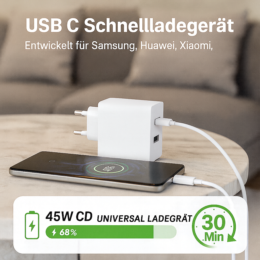 Ein weißes USB-C-Ladegerät ist an ein Smartphone angeschlossen. Das Telefon wird aufgeladen. Text: 45W CD Universal Ladegrat, 30 Min, +68 %.
